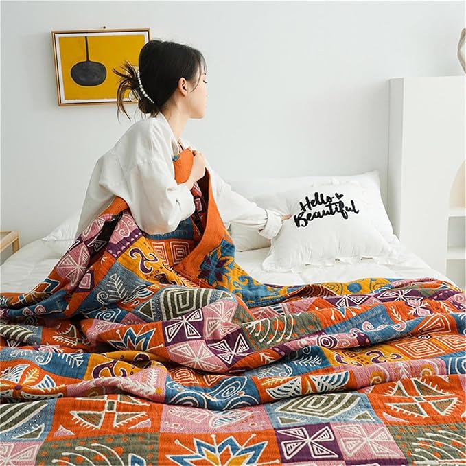 MSGKV Summer Cotton Throw Boho Blanket for Couch Bed, 60"x80" Muslin Brathable Lightweight Travel Decor Blanket for Bedroom
