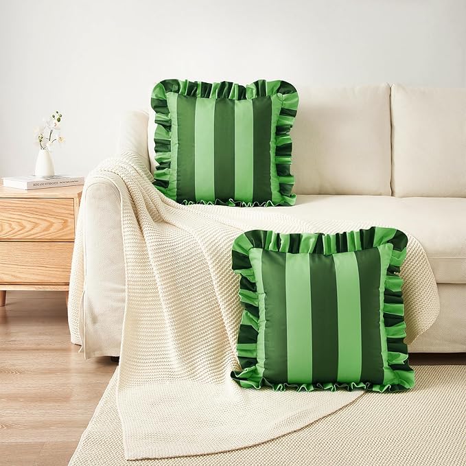 MONDAY MOOSE Decorative Throw Pillow Covers, Set of 2 Water-Resistant Striped Design with Ruffle Edge for Outdoor/Indoor Use, Pillow Inserts Not Included (16x16 inch, Green/Light Green)
