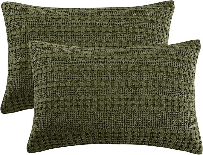 PHF 100% Cotton Waffle Pillow Shams Queen Size, 2 Pack 20" x 30" Soft Skin-Friendly Pillowcases, No Filling, Aesthetic Woven and Breathable Waffle Weave Pillow Case Covers for Bed, Capulet Olive