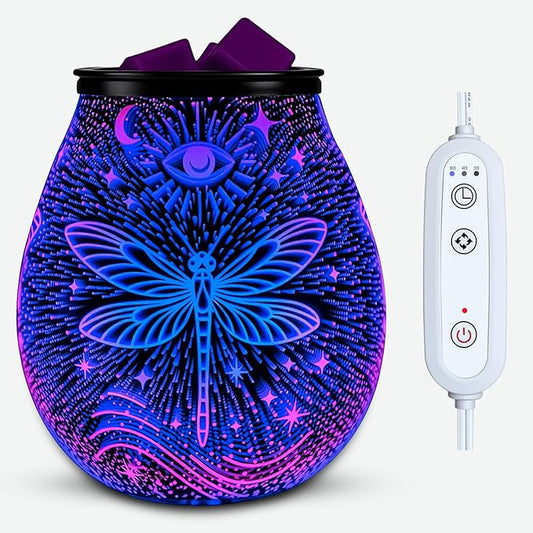 Leyoue 3D Glass Fireworks Electric Wax Melt Warmer with PTC Heating Plate 7 Colors LED Changing Light Wax Burner Melter Fragrance Warmer for Home (Dragonfly)