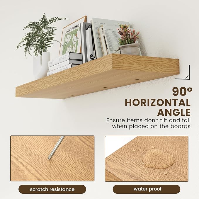 FLYJOE 48 Inch Floating Shelf, 12'' Deep Oak Shelf for Wall Set of 1 | 48'' x 12'' Rustic Wood Shelves for Farmhouse Living Room Bathroom Kitchen Laundry Room