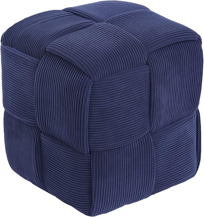 Cmishe 15" Square Woven Corduroy Ottoman Footrest - Modern Vanity Stool for Living Room & Entryway, Eco-Friendly Wood Frame, No Assembly (Blue)