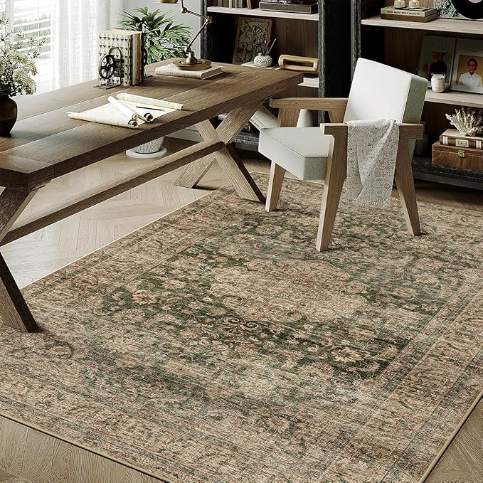 3x5 Washable Area Rug Green Brown Vintage Non Slip Soft Low Pile Rug for Entryway Kitchen Bathroom Distressed Oriental Throw Carpet for Living Room Bedroom Home Decor