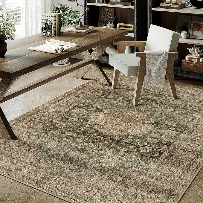 4x6 Washable Area Rug Green Brown Vintage Non Slip Soft Low Pile Rug for Entryway Kitchen Bathroom Distressed Oriental Throw Carpet for Living Room Bedroom Home Decor