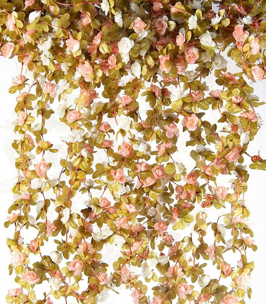PONKING 6 Pcs x 8.2 ft Flower Garland Artificial Rose Vine Flowers with Green Leaves Hanging Fake Roses Vine for Room Party Home Wedding Birthday Christmas Wall Arch Decor, Fall Pink Flower