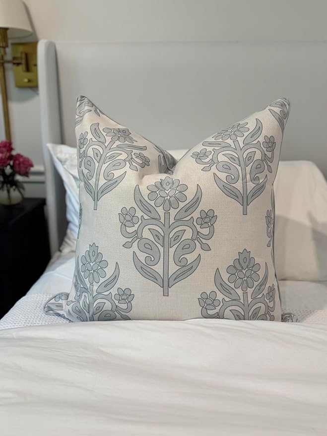 Jillien Harbor “The Naples” Floral Block Print Pillow Cover – Soft Grey and Off-White Decorative Throw Pillow Cover – Grandmillennial Home Decor, 24" x 24"