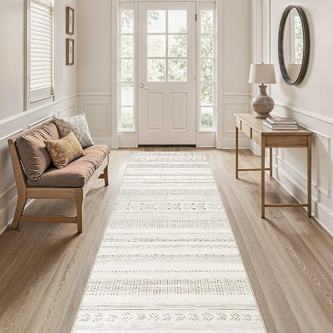 cotiled Washable 3x8 Runner Rugs: Washable Boho Rugs with Non Slip Backing Large Soft Indoor Stain Resistant Carpet for Living Room Bedroom Farmhouse Dining Room Lightweight Home Decor L Brown/Cream