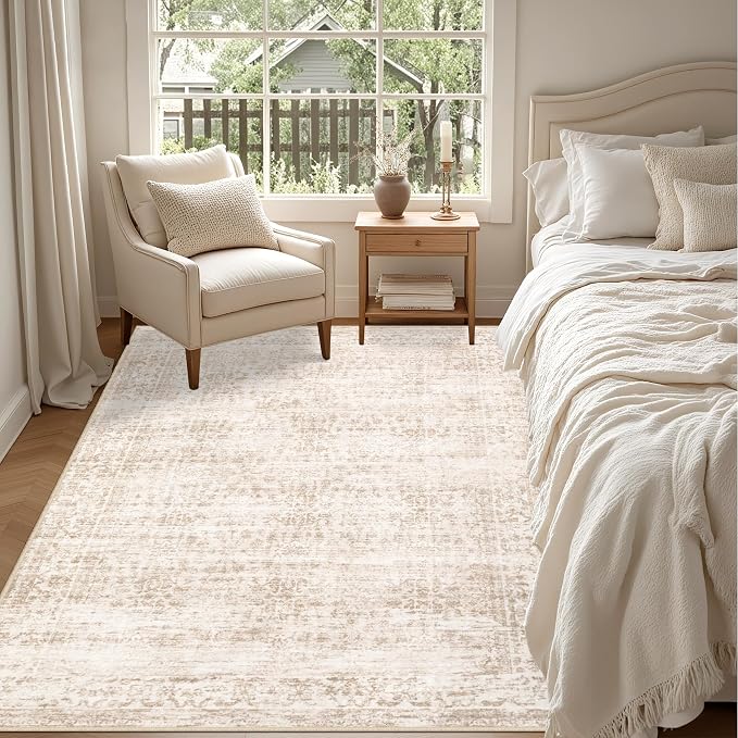 3x5 Area Rugs Living Room Rug: Washable Vintage Boho Rug No Slip Stain Resistant Soft Carpet Indoor Floor Floral Large Carpets for Bedroom Dining Room Farmhouse Nursery Home Office Beige