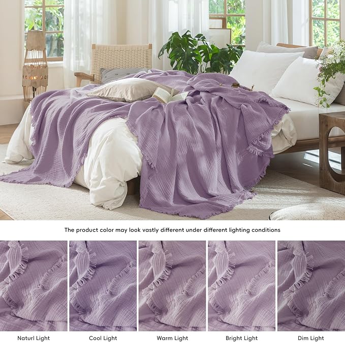 MooMee Muslin Blanket - 100% Cotton 4-Layer Gauze Throw Blanket with All-Around Fringe, Soft Breathable Lightweight Cooling Summer Blankets for Bed Couch(Light Purple,Throw XL 50" x 70")