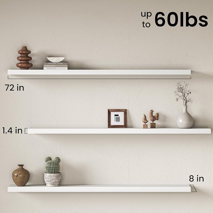 Fun Memories 72 Inch Floating Shelves for Wall 8 Inch Deep White Shelves Set of 2, Wall Mounted Rustic Wood Long Floating Shelf, Large Display & Storage Shelf with Invisible Brackets