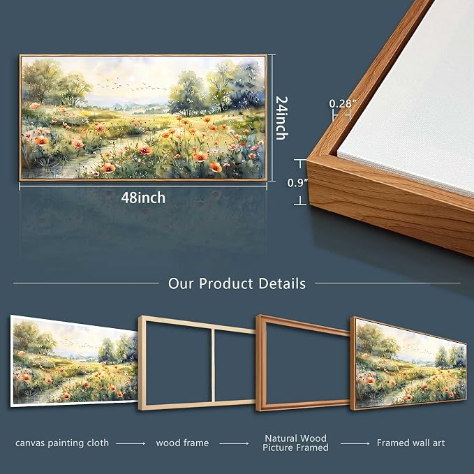 XIGUANGART Large Framed Wall Decor Canvas Wall Art for Living Room Wildflower Pastoral Scenery Paintings Meadow Abstract Pictures Rustic Floral Art Print for Bedroom, Office Modern Artwork Decorations