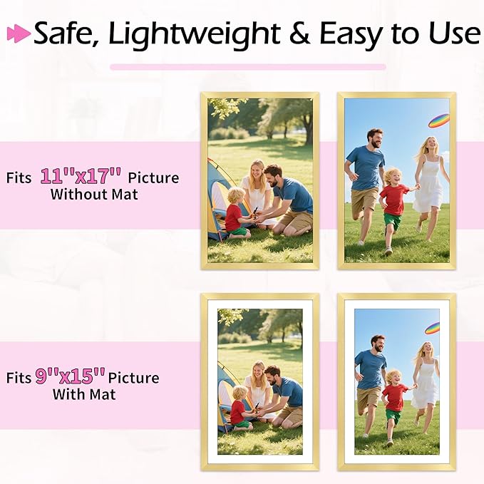 11x17 Picture Frame, Vertical or Horizontal Wall Hanging Frame for Photos, Posters & Art Prints, Display Pictures 9x15 with Mat or 11 x 17 Without, Gold Frame with Clear Plexiglass, 2 Pack