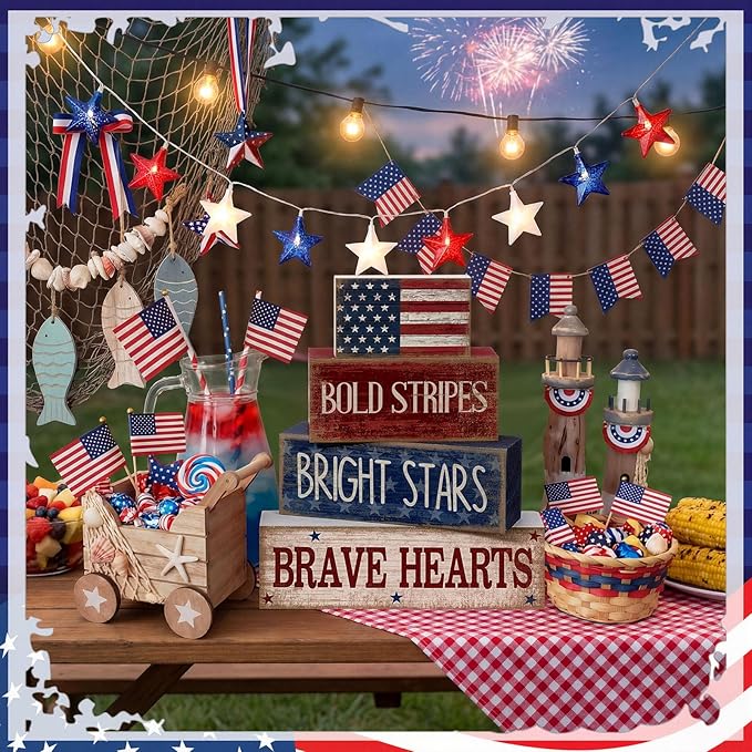 4 Pcs Memorial Day Decorations Wooden American Flag Patriotic 4th of July Tabletop Decoration Red White Blue Table Centerpieces Sign for Office Tiered Tray Home Shelf 250th Anniversary