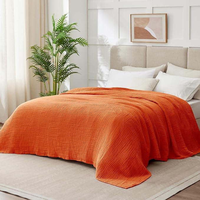 100% Cotton Muslin Blanket 50"x 60", 6 Layers Breathable and Lightweight Cotton Throw Blankets for Couch, Soft Cooling Summer Gauze Blanket for Adults All Season, Burnt Orange