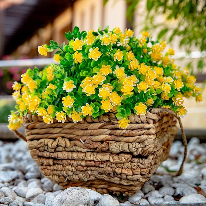 AXYLEX Artificial Flowers Outdoor Fake Plants - 12 Bundles UV Resistant No Fade Faux Plastic Greenery Boxwood Shrubs Home Garden Porch Patio Decoration (Yellow)