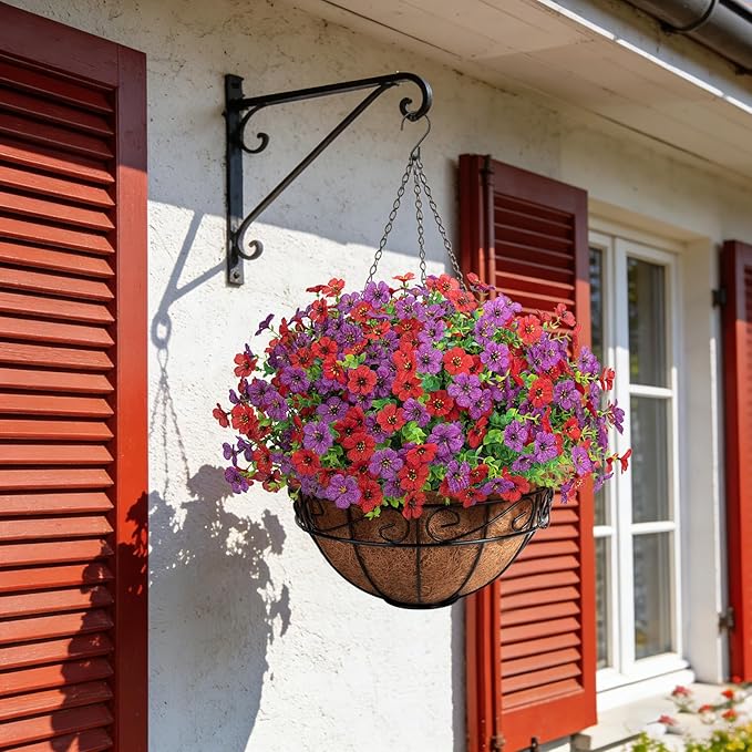 Artificial Fake Hanging Flowers Plants Basket Outdoors, Faux Silk UV Resistant Look Real Daisy Eucalyptus for Spring Summer Garden Porch Home Patio Balcony Yard Decorations, Red Purple