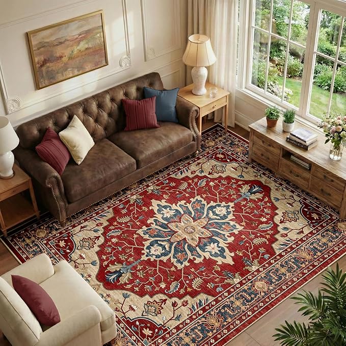 RELEANY Area Rugs 6'x9' Washable Non-Slip, Floral Vintage Distress Print Pattern Medallion Carpet for Living Room Bedroom Dining Room, Red Blue