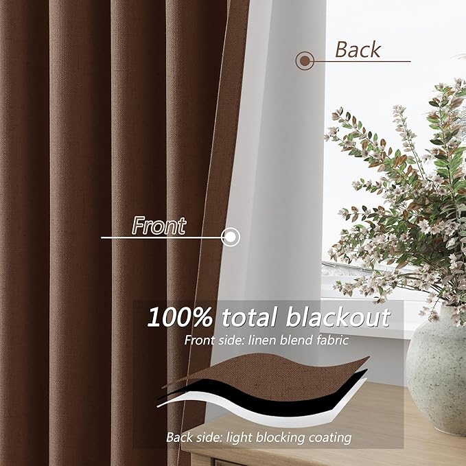 Guken 100% Blackout Curtains 90 Inch Length 2 Panels Set for Living Room Bedroom Back Tab Thermal Insulated Black Out Linen Drapes Room Darkening Window Curtains 90 Inches Long,Rustic Brown