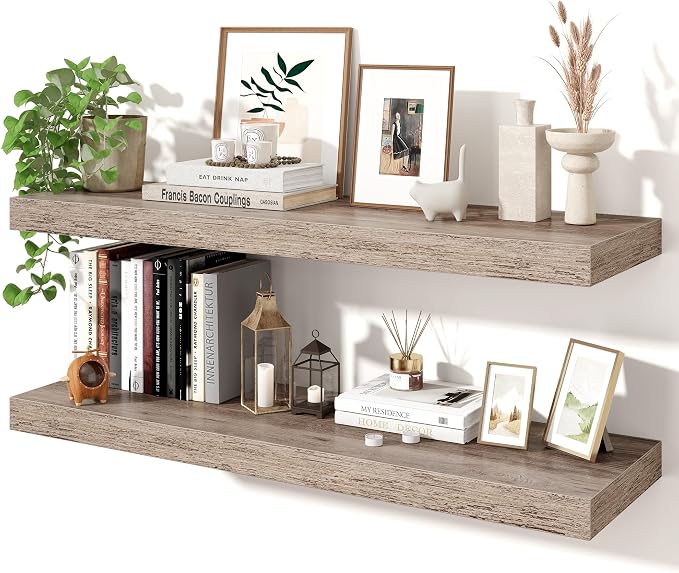 Axeman 36Inch Floating Shelves for Wall, 2 Pack Shelves for Bedroom, Bathroom, Kitchen, Hanging Wall Mounted Rustic Wood Shelf with Invisible Brackets for Books Decor, Grey