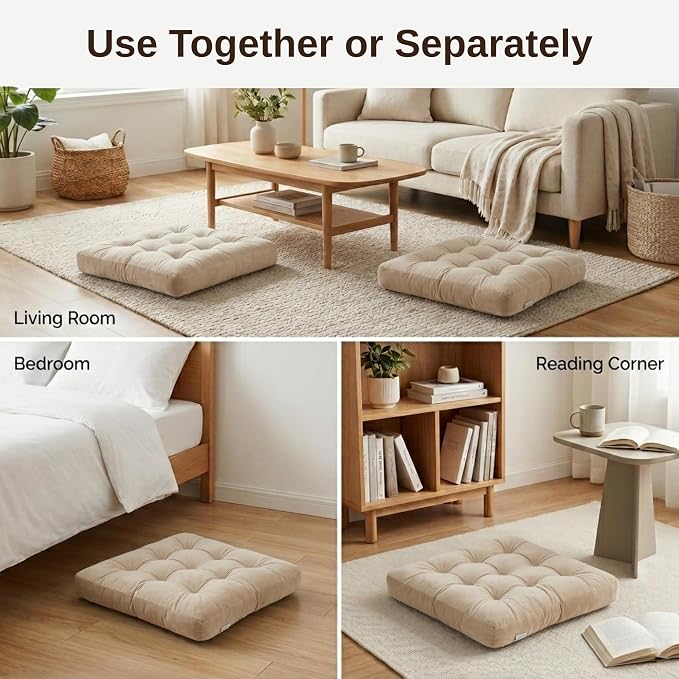 Floor Pillows for Adults Set of 2, Soft Velvet Floor Cushions for Sitting, Square Tufted Floor Pillow Set for Reading Nook, Living Room, Bedroom, 22 x 22 Inch, Beige