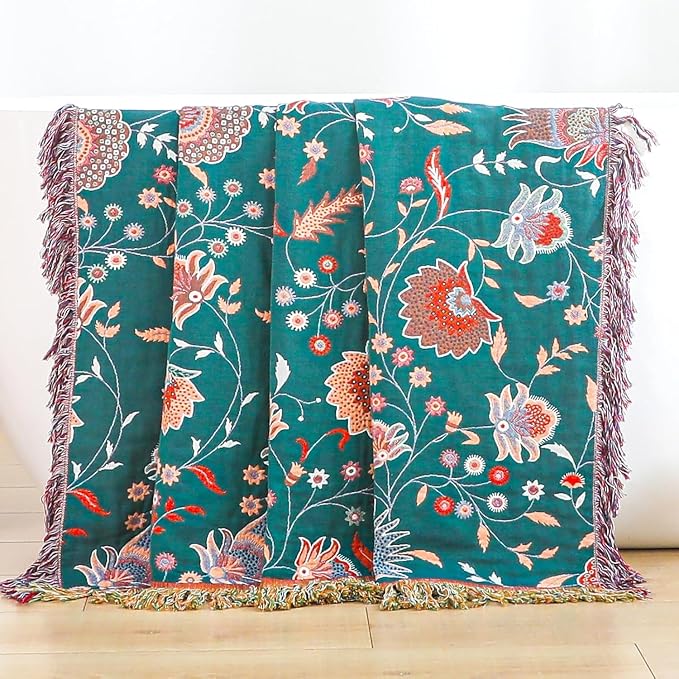 STASOPTK100% Cotton Boho Throw Blanket Soft Lightweight Twin Blanket 60"x80", Floral Reversible All-Season Bed Blanket, Breathable Summer Blanket for Couch Chair, White