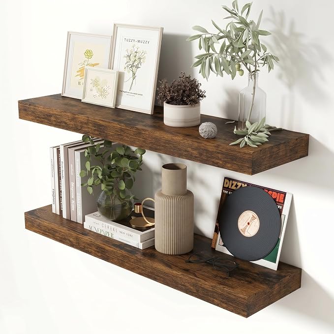 Heimlove 32 Inch Floating Shelves for Wall Rustic Brown Shelves Set of 2,Wall Mounted Rustic Wood 8 Inch Deep Floating Shelf with Invisible Brackets for Bedroom Kitchen Living Room