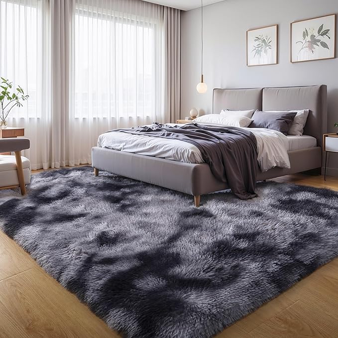 KICHOWUA Thick Area Rug Dark Grey Fluffy 4x6 for Bedroom Living Room Washable Plush Rug for Kids Baby Nursery Soft Shag Non Slip Comfy Shaggy Rugs for Dorm Fuzzy Floor Carpet, Tie-Dye Gray