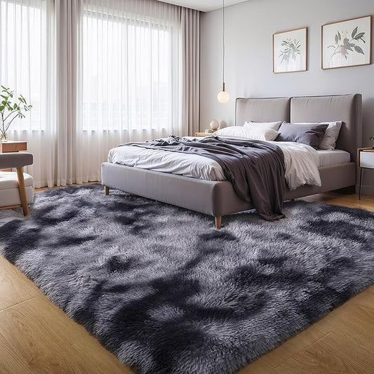 KICHOWUA Thick Area Rug Dark Grey Fluffy Shag 6x9 for Bedroom Living Room Ultra Soft Plush Fuzzy Washable Thickened Non-Slip Carpet, Comfy Shaggy Furry Rug for Kids Baby Nursery Dorm, Tie-Dye Gray