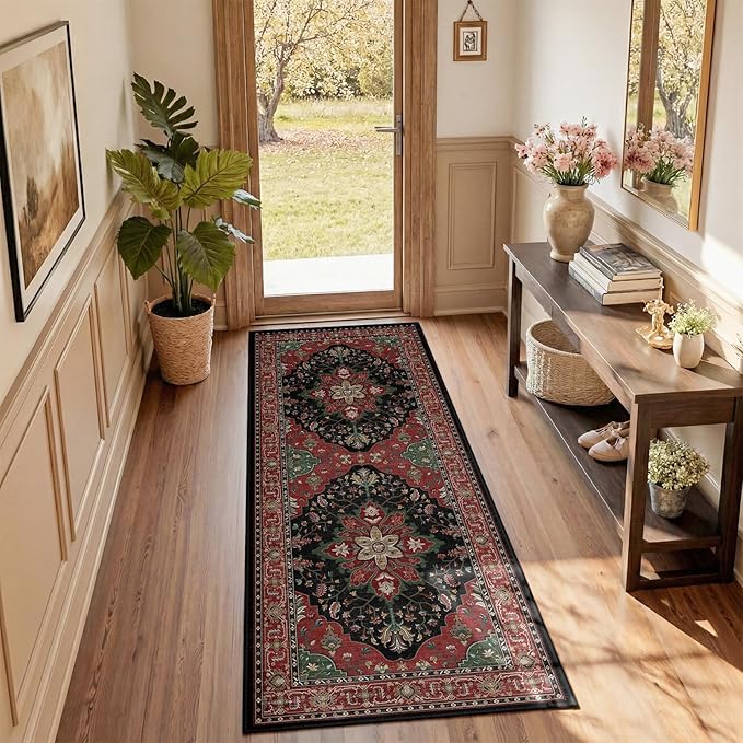 RELEANY Area Rugs 2'x6' Runner Rug Non Slip Washable for Kitchen Hallway Bedroom Beside Laundry Room Bathroom Rug, Floor Carpet, Red Black