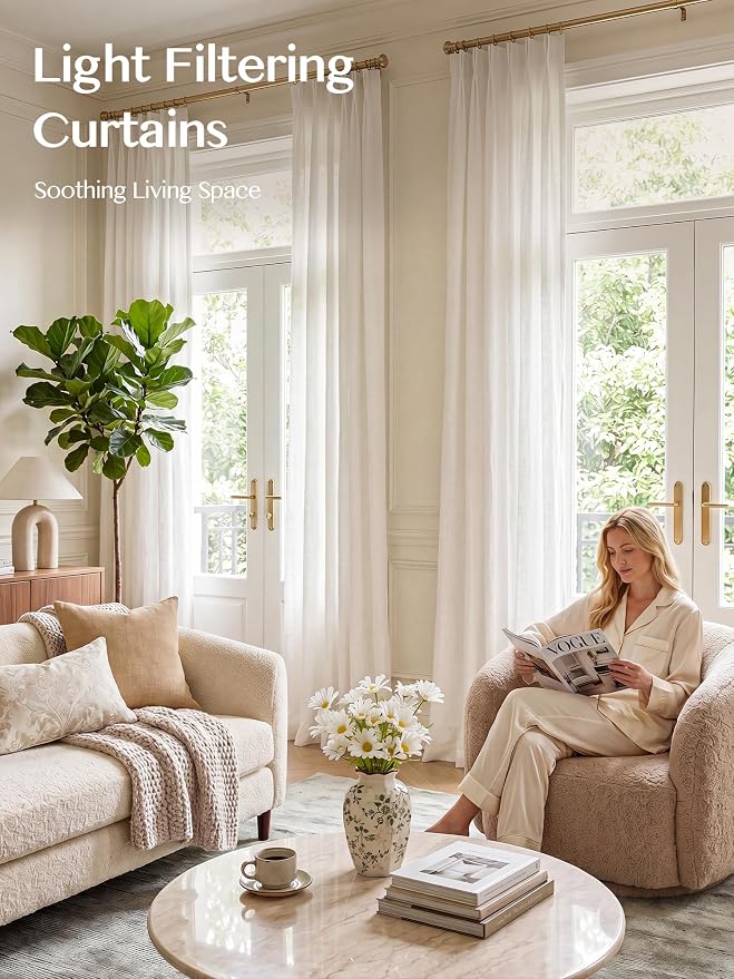 THREE GIRLS Liz Pinch Pleated Linen Curtains for Living Room, Light Filtering Curtains 102 Inches Long, Farmhouse Window Curtains for Bedroom, Modern Drapes with Hooks and Rings, White, 2 Panels Set