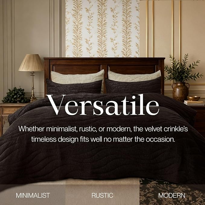 DOWN HOME Crinkle Textured Velvet Quilt Set with Shams, All-Season Luxury Modern Bedding,Easy Care Comforter,Ultra-Soft,Lightweight & Breathable, Queen, Antique Brown