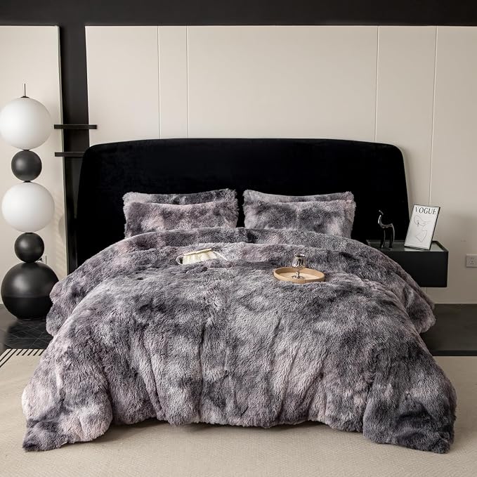 chovy Faux Fur Tie-Dyed Black Gray White Colorful Comforter Sets King - 3PC Bed Set Ultra Soft Plush Flannel Velvet Fluffy Fuzzy Bedding（Comforter x 1 Pillowcases x 2）