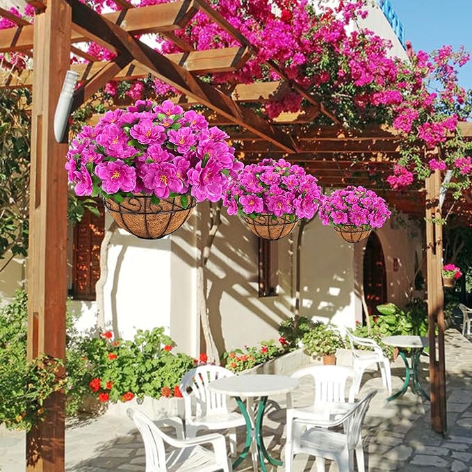 Ouddy Decor Artificial Hanging Flowers with Basket, Silk Azalea Flowers in Coconut Basket, Fake Hanging Plants Artificial Decor for Outdoor Indoor Yard Garden Patio Home Room Porch Decor (Fuchsia)