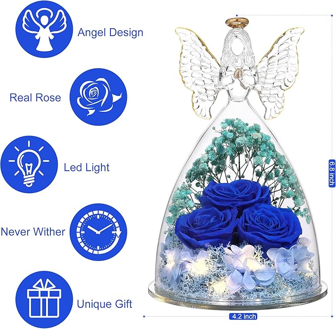 Mothers Day Rose Gifts for Women Preserved Real Flower in Glass Angel Figurines Roses for Delivery Prime Birthday Gifts for Mom Grandma Girlfriend Wife Her, Dark Blue