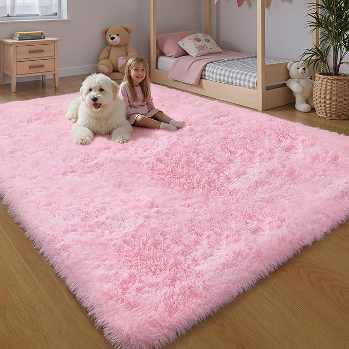 Pink Fluffy 9x12 Large Area Rugs for Bedroom Living Room Girls, Soft Washable Fuzzy Furry Shag Rug for Kids Room, Nursery, Dorm Decor, Cute Plush Carpet for Baby Toddler