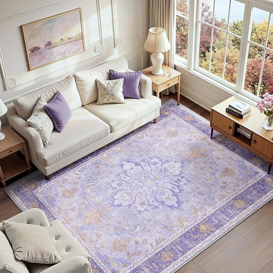 RELEANY Area Rugs 7'x9' Washable Non-Slip, Floral Vintage Distress Print Pattern Medallion Carpet for Living Room Bedroom Dining Room, Light Purple Brown