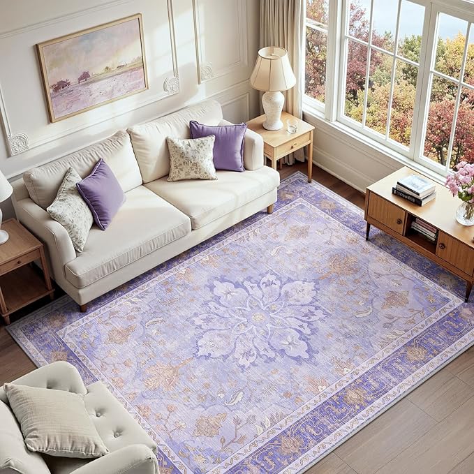RELEANY Area Rugs 6'x8' Washable Non-Slip, Floral Vintage Distress Print Pattern Medallion Carpet for Living Room Bedroom Dining Room, Light Purple Brown