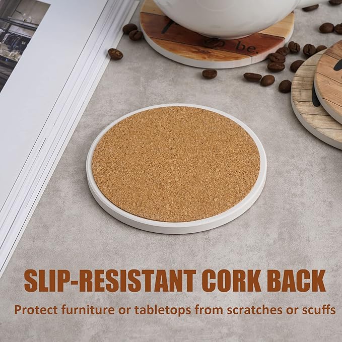 Adorever Coasters for Drinks Absorbent with Holder, 6 Pcs Ceramic Rustic Farmhouse Drink Coasters for Coffee Table Tabletop Protection, Housewarming Gift New Home Decor