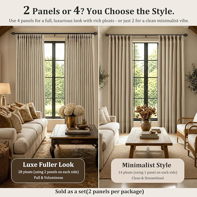 Pinch Pleated Linen Curtains 84 Inch, 2 Panels Premium 400GSM Memory Trained Semi Sheer Light Filtering Window Drapes for Living Room Bedroom Dining, Back Tab & Adjustable Hooks Rings, Grey Beige
