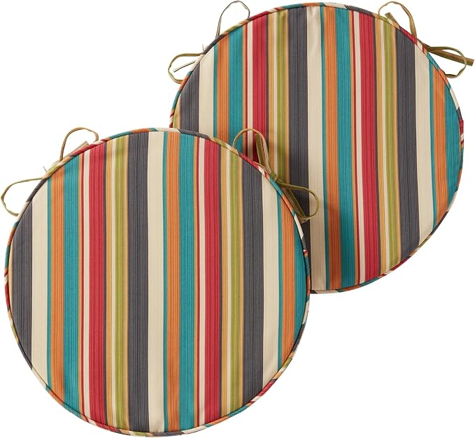 Set of 2 Outdoor 18 inch Round Patio Dining Chair Pads – Comfortable Fiber-Filled Seat Cushions with Ties, Reversible Polyester Fabric, Sunset Stripe