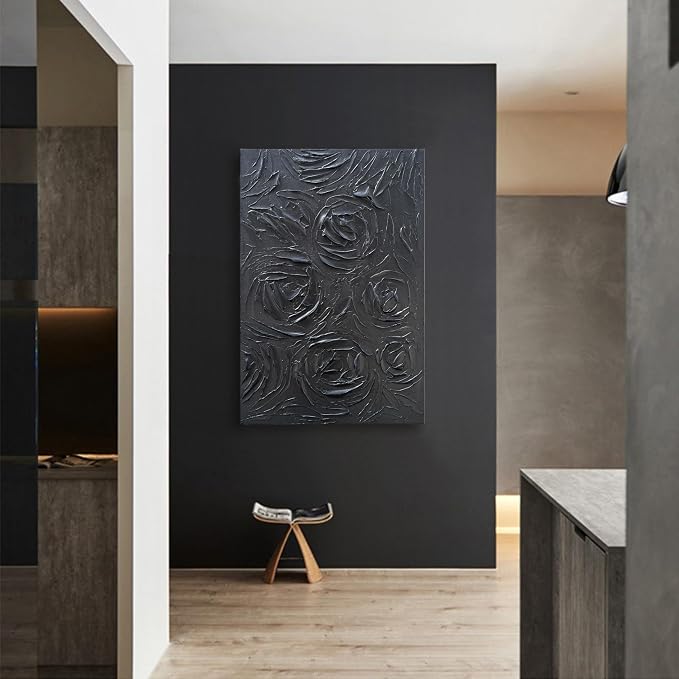 NANKAI Art Hand-Painted Black Rose Texture Abstract Art Oil Painting, Modern Style Abstract Wall Decoration, Three-Dimensional Simple Black Flower Texture Relief, Vertical Painting 36x24 inches