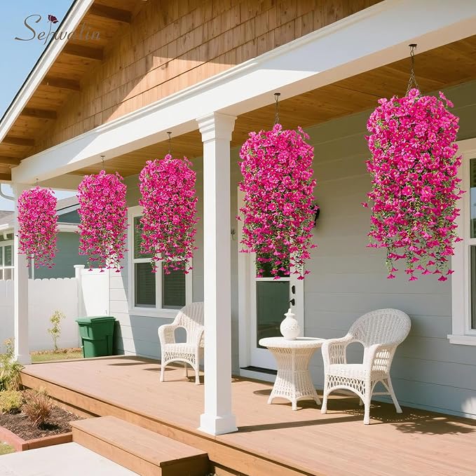 Serwalin Artificial Hanging Flowers for Outdoors Decoration, 4PCS UV Realistic Resistant Silk Artificial Fake Plants Outdoor for Porch Patio Balcony Planter Garden Yard Decor (Hot Pink,4PCS)