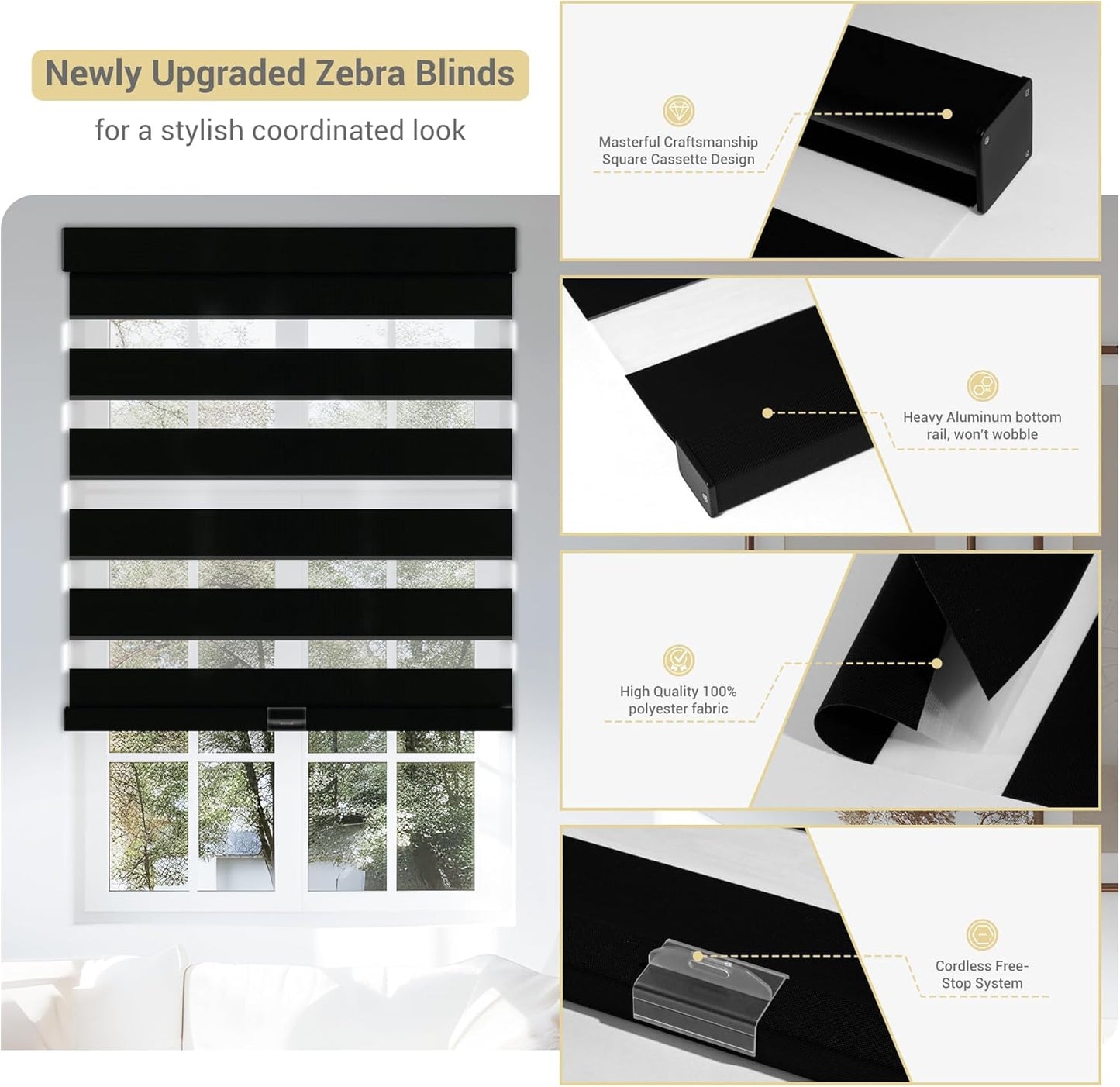Cordless Zebra Blinds for Windows, Blackout Interior Blinds,Easy to Install,UV Protection,for Offices and Home,Custom Roller Shades, Solid Black, 84" W x 56" H