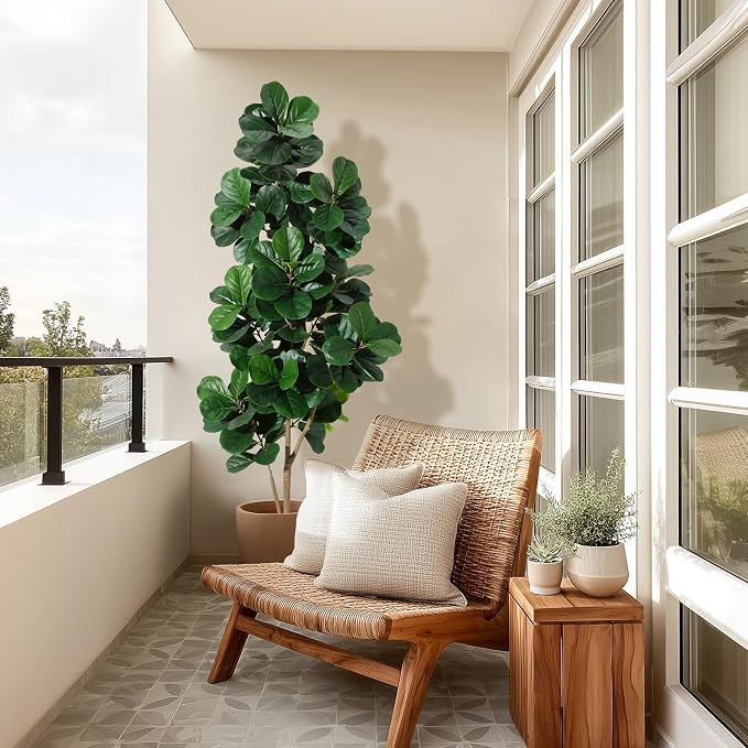 7 ft Fiddle Leaf Fig Tree Artificial with 141 Leaves - Realistic Faux Ficus Lyrata Trees in 9 in White Planter Pot, Indoor Fake Floor Plants for Home Office Living Room Decor, Housewarming Gift