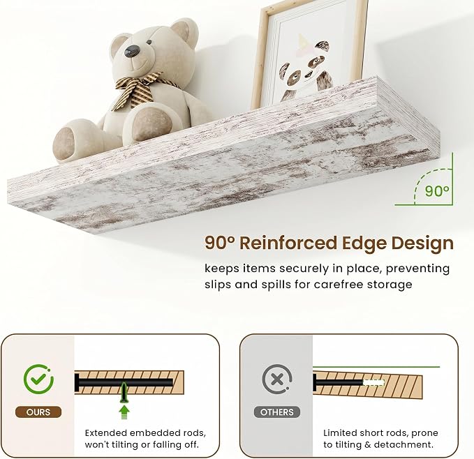 30in Floating Shelves for Wall, 30"W x 9.25"D x 1.25"H, 2 Pack Long Wall Mounted Engineered Wood Shelves with Invisible Brackets for Living Room, Bedroom, Bathroom, Kitchen, Vintage White