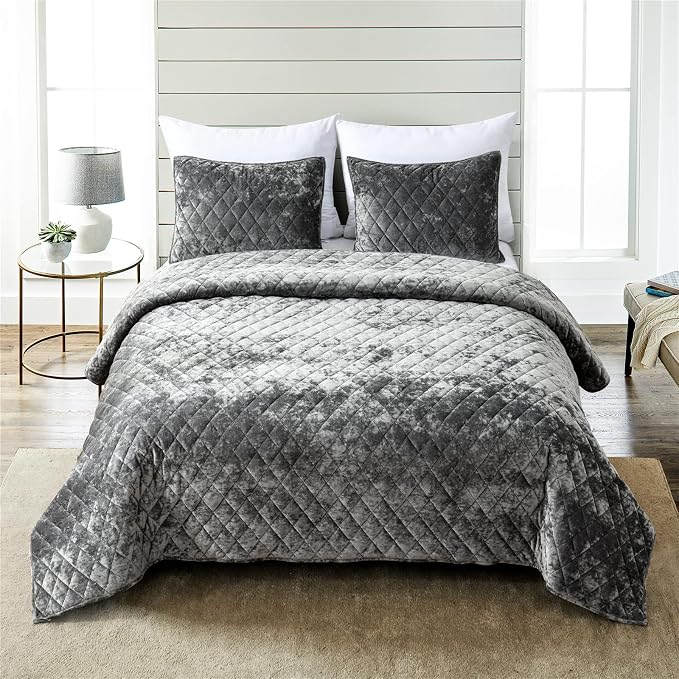 Fredsure Distressed Velvet Quilt Set, 3 Pieces Grey King, Distressed Velvet Face and Brushed Microfiber Reverse, with Diamond Quilting