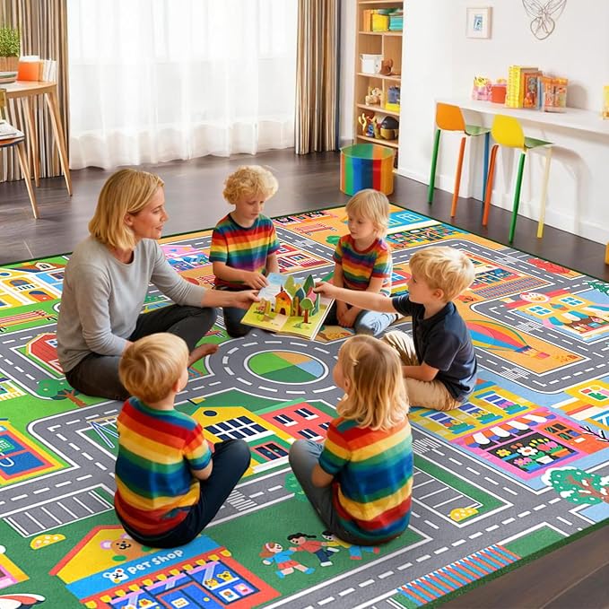 Car Rug Play Mat 9x12 Feet, Kids Rugs for Bedroom Educational Traffic Road Carpet for Kids Decorate Nursery Toddler Classroom Preschool Living Room Playroom