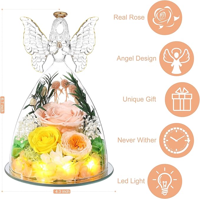 Mothers Day Rose Gifts for Women Preserved Real Flower in Glass Angel Figurines Roses for Delivery Prime Birthday Gifts for Mom Grandma Girlfriend Wife Her, Champagne Austin Roses