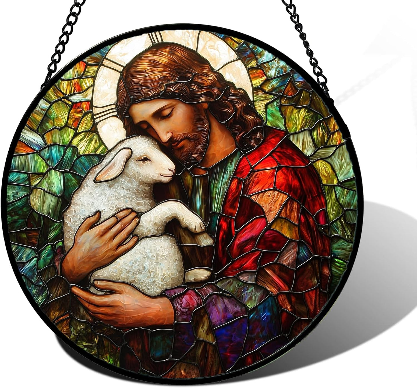 Stained Glass Window Hanging, Jesus Little Lamb Sun Catchers Colorful Glass Panel Christianity Suncatcher Decor for Birthday for Women, Men, Wife, Aunt, and Mom 9.8 in