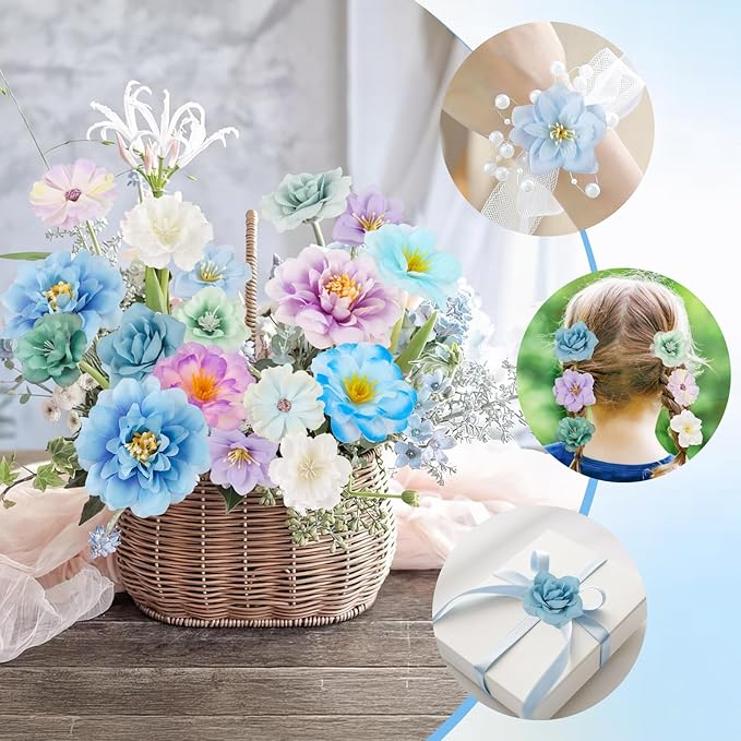 ATTGREAT 210 Pcs Mini Silk Flower Heads Small Fake Rose Daisy Faux Flowers Bulk for Crafts Artificial Loose Fabric Flowers Heads Sunflower Bulk for Wedding Hair Cap Dresses Decorations (Blue)